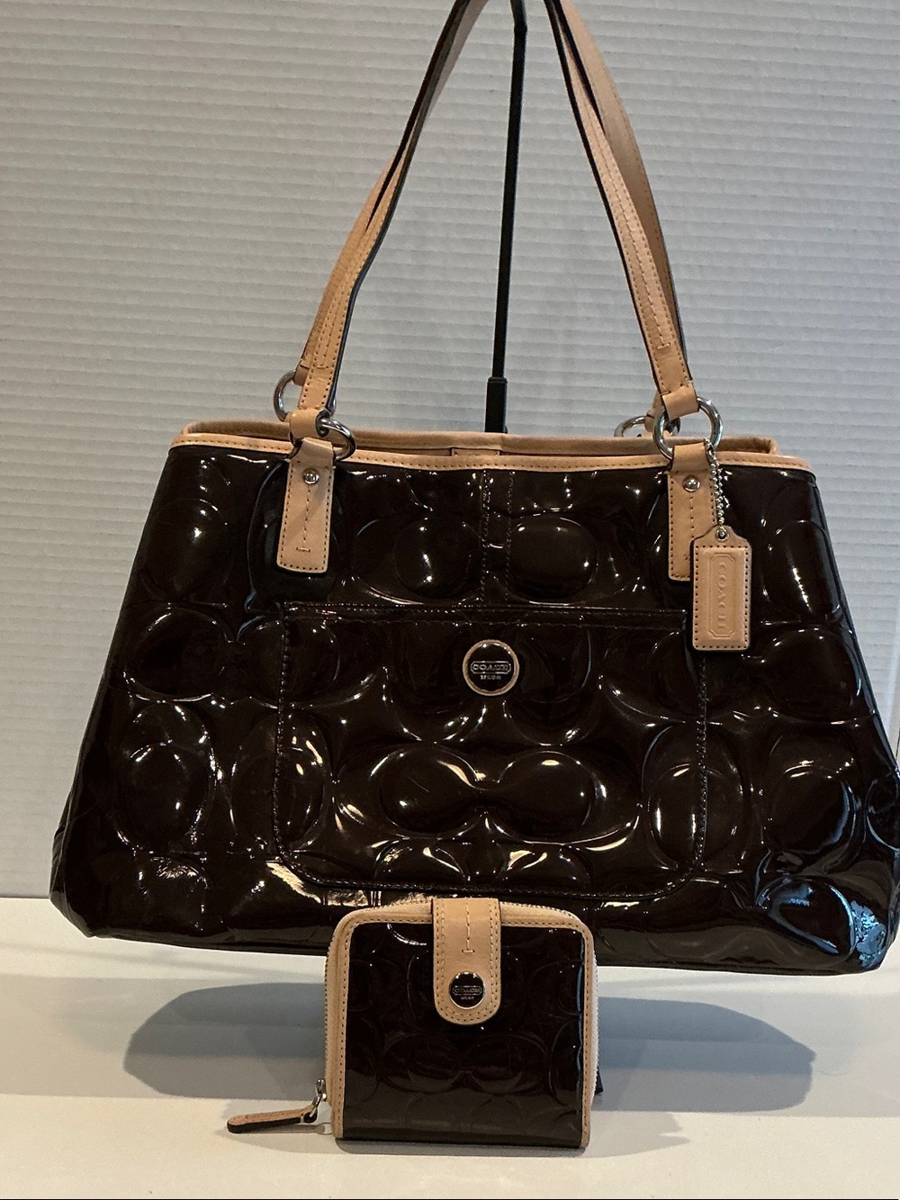 Coach Peyton Patent Leather Shoulder Bag with Tan Trim and Wallet